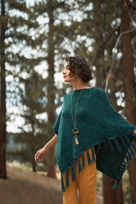 Green Chenille Knit Tassel Fringe Side Trim Poncho - Tasha Apparel Wholesale