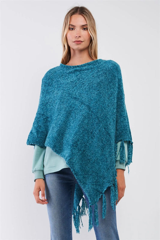 Teal Chenille Knit Tassel Fringe Side Trim Poncho /ONE SIZE - Tasha Apparel Wholesale