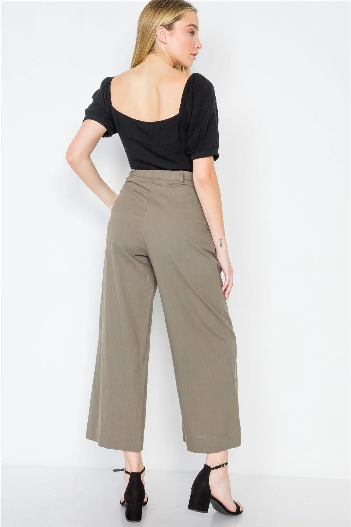 Khaki Olive High-Waist Wide Leg Pants /2-2-2 - Tasha Apparel Wholesale