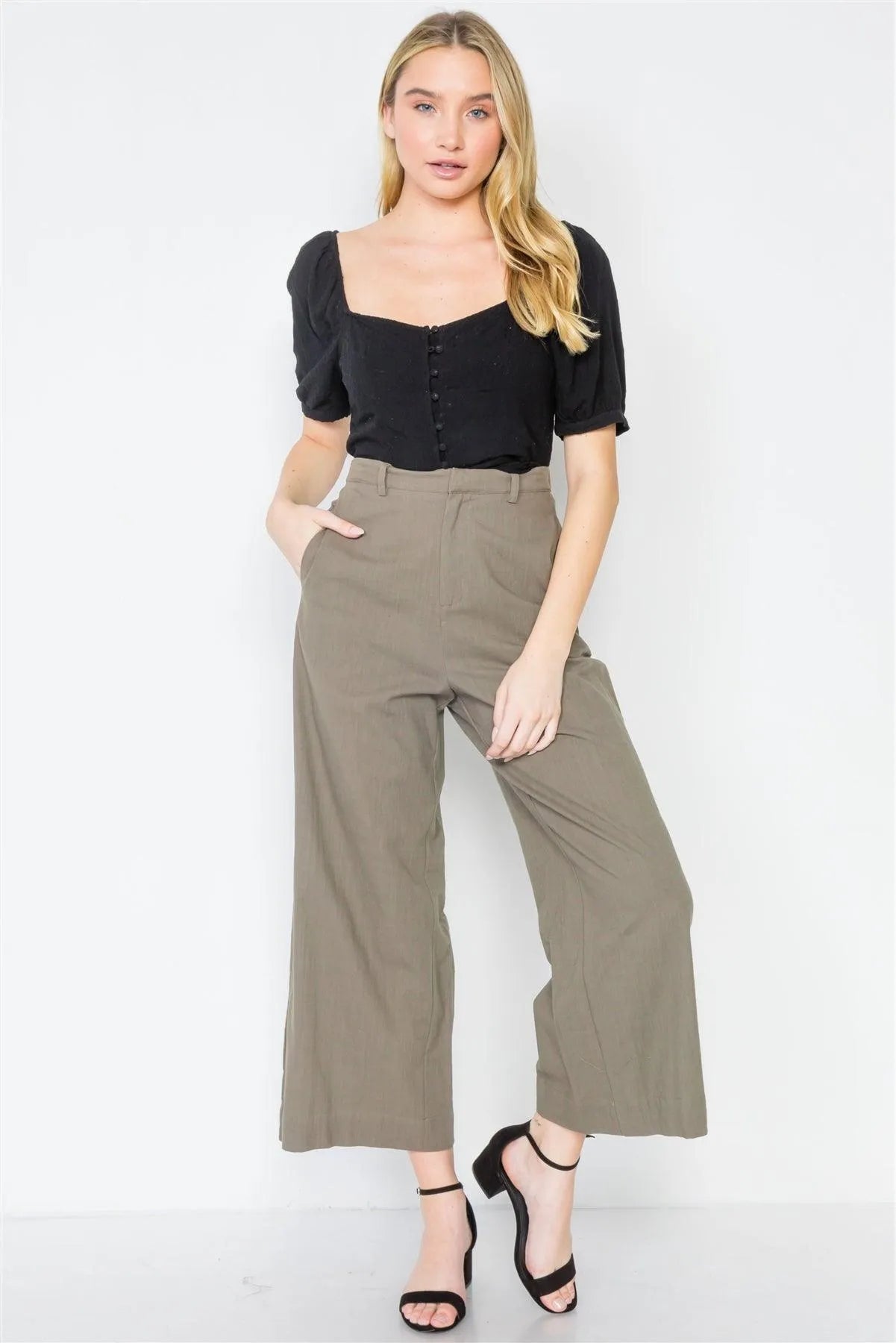 Khaki Olive High-Waist Wide Leg Pants - Tasha Apparel Wholesale