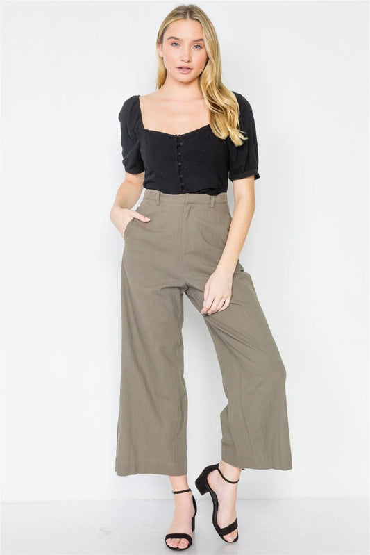 Khaki Olive High-Waist Wide Leg Pants - Tasha Apparel Wholesale