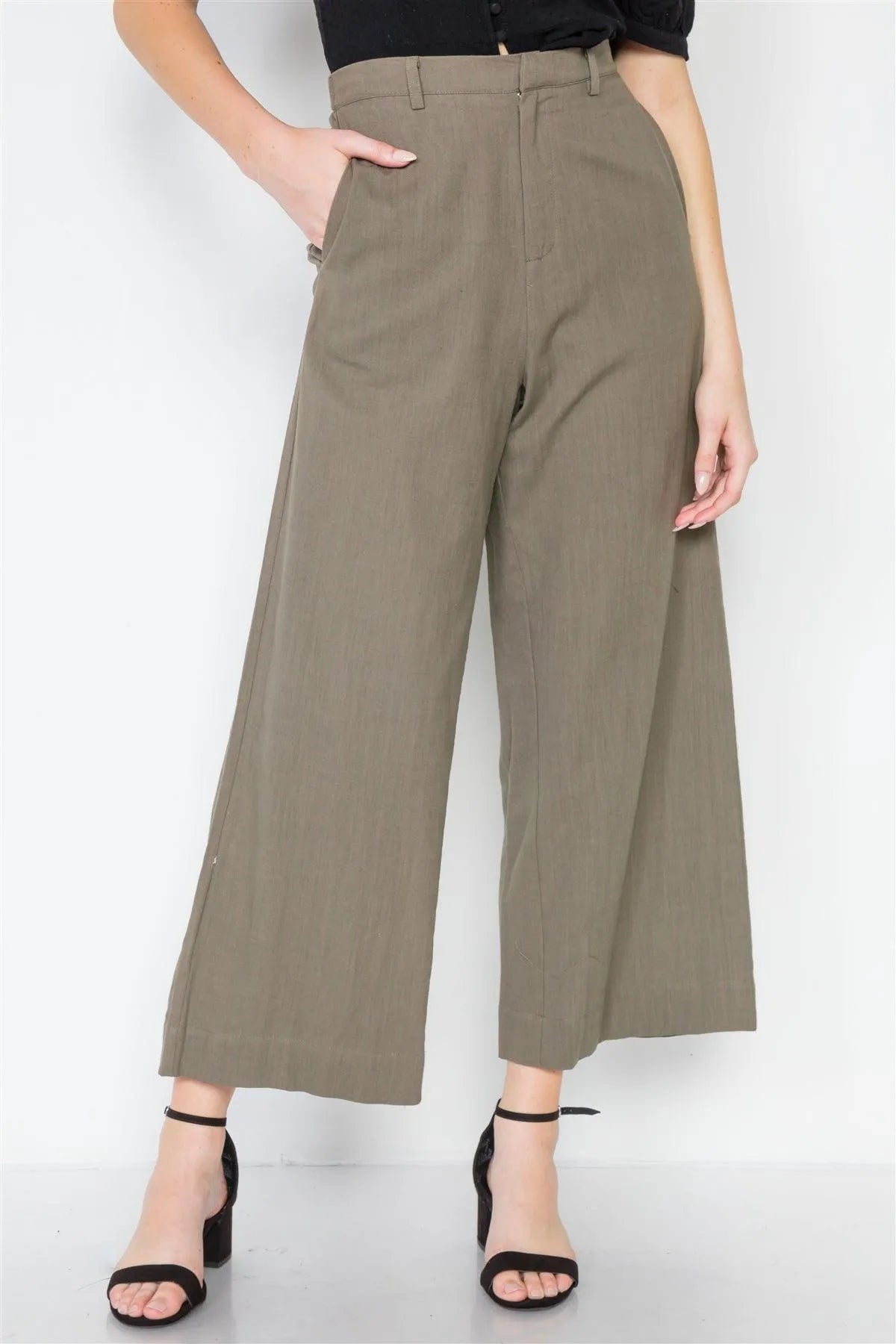 Khaki Olive High-Waist Wide Leg Pants - Tasha Apparel Wholesale