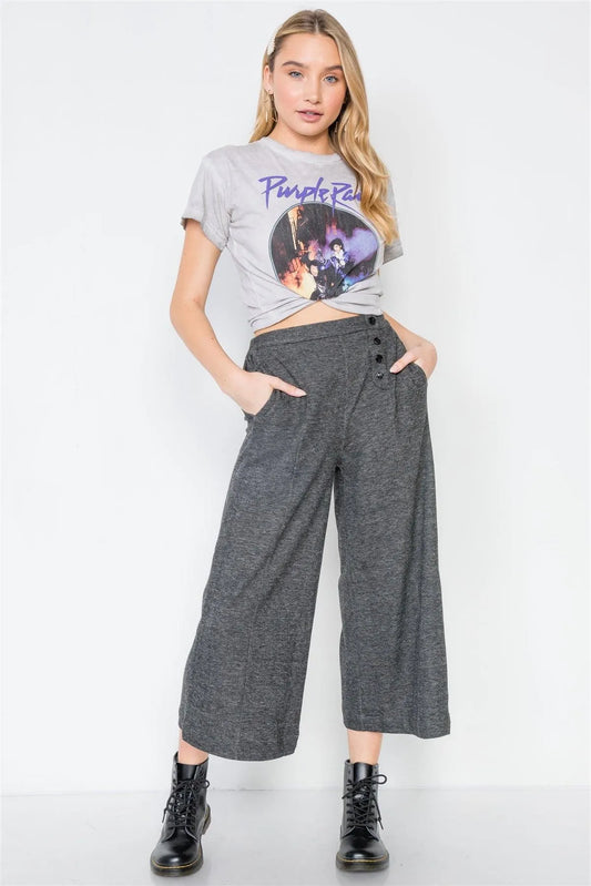 Black Knit Side Button Wide Leg Ankle Pants /1-2-2 - Tasha Apparel Wholesale