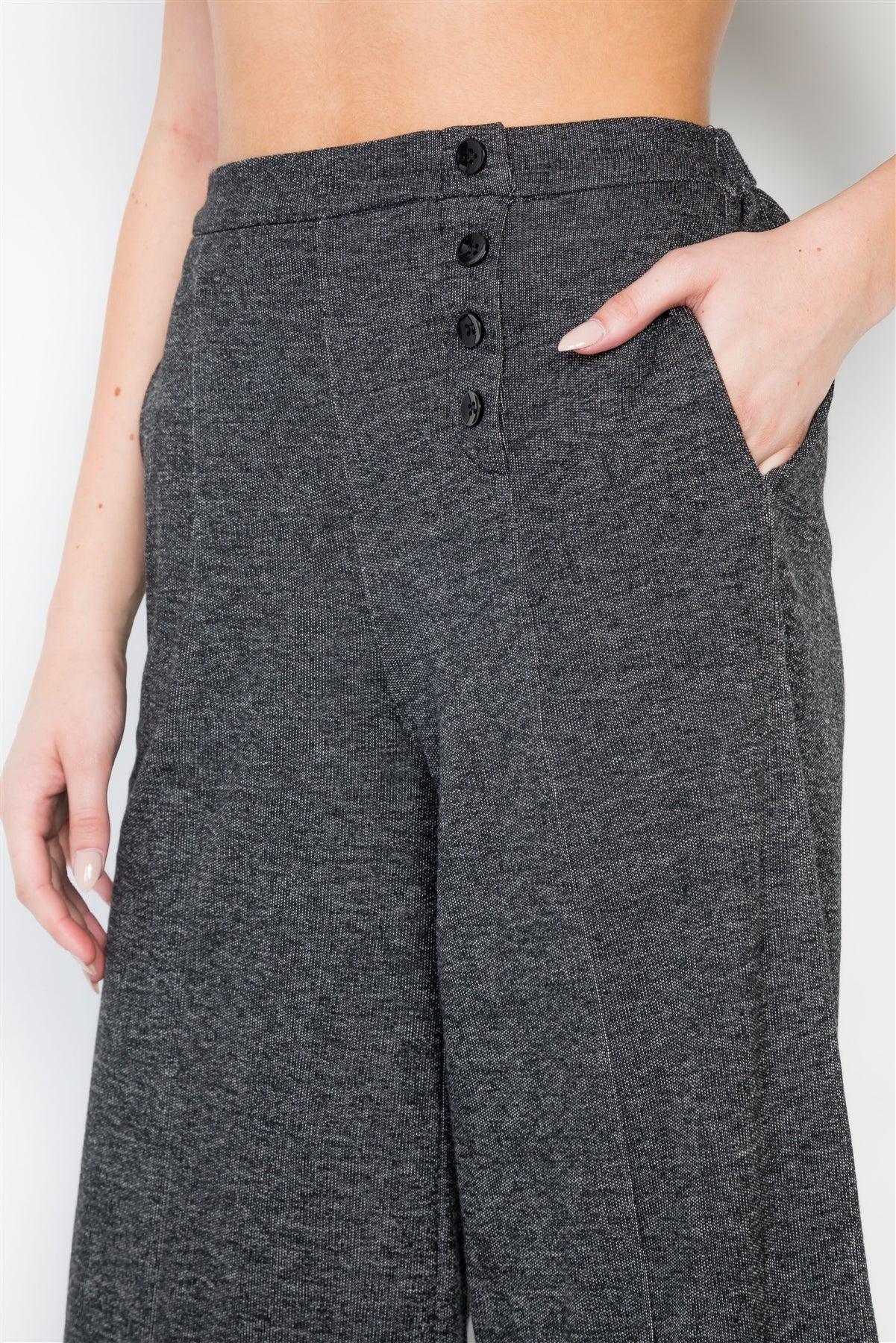 Black Knit Side Button Wide Leg Ankle Pants /1-2-2