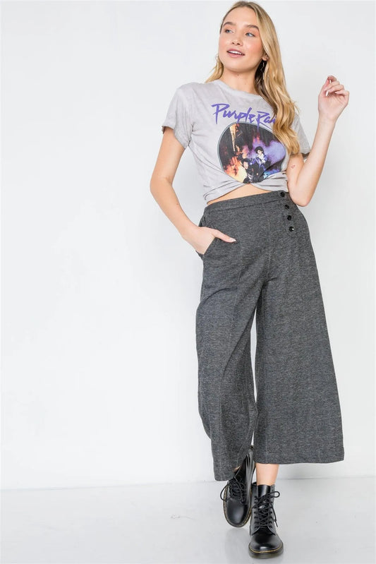 Black Knit Side Button Wide Leg Ankle Pants /2-2-2 - Tasha Apparel Wholesale