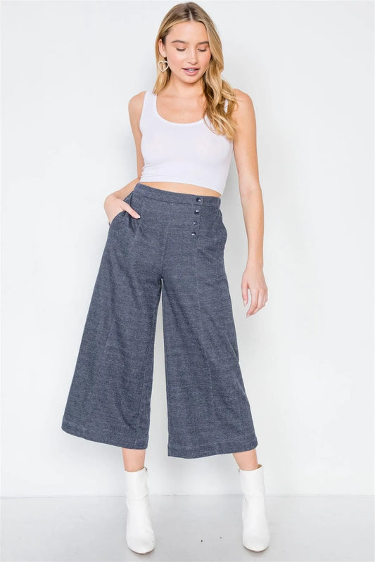 Navy Knit Side Button Wide Leg Ankle Pants /2-2-2 - Tasha Apparel Wholesale