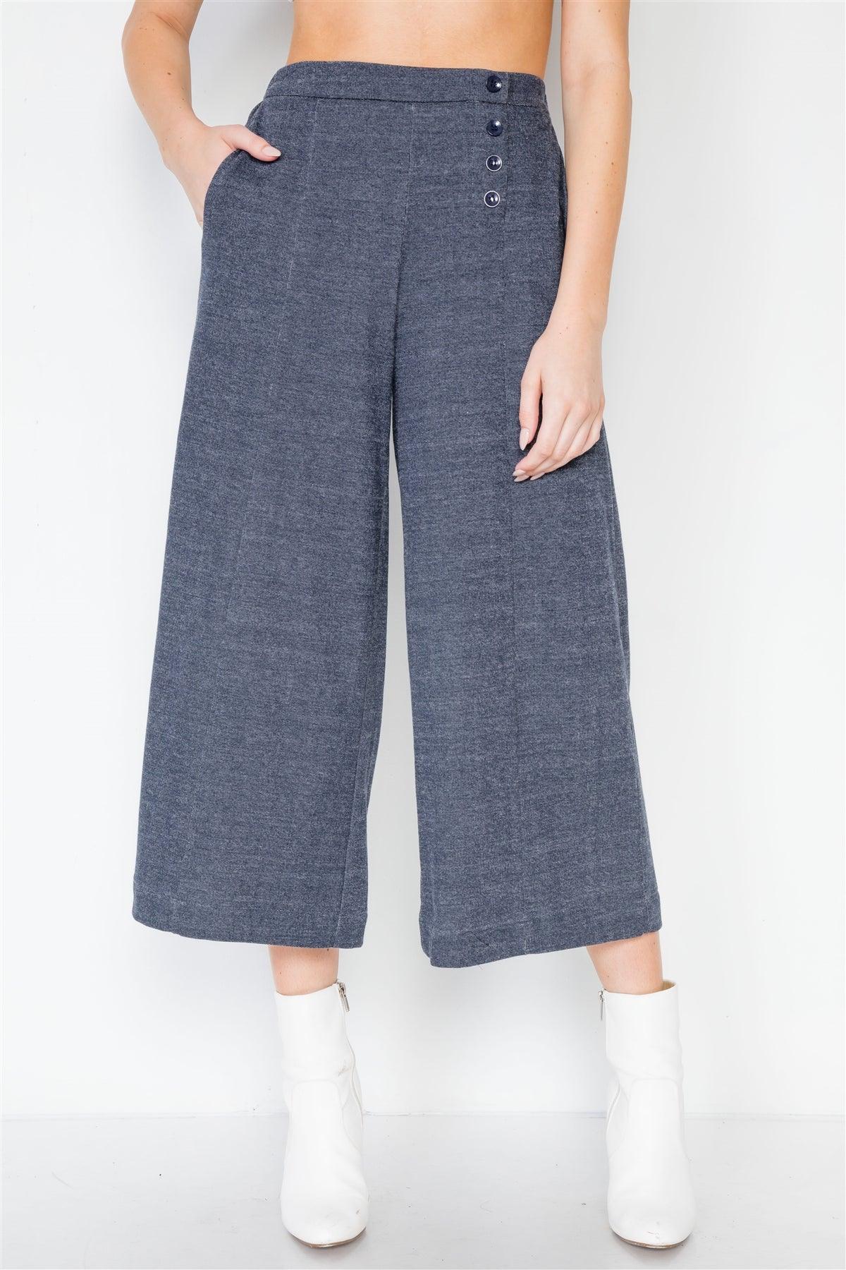 Navy Knit Side Button Wide Leg Ankle Pants /2-2-2