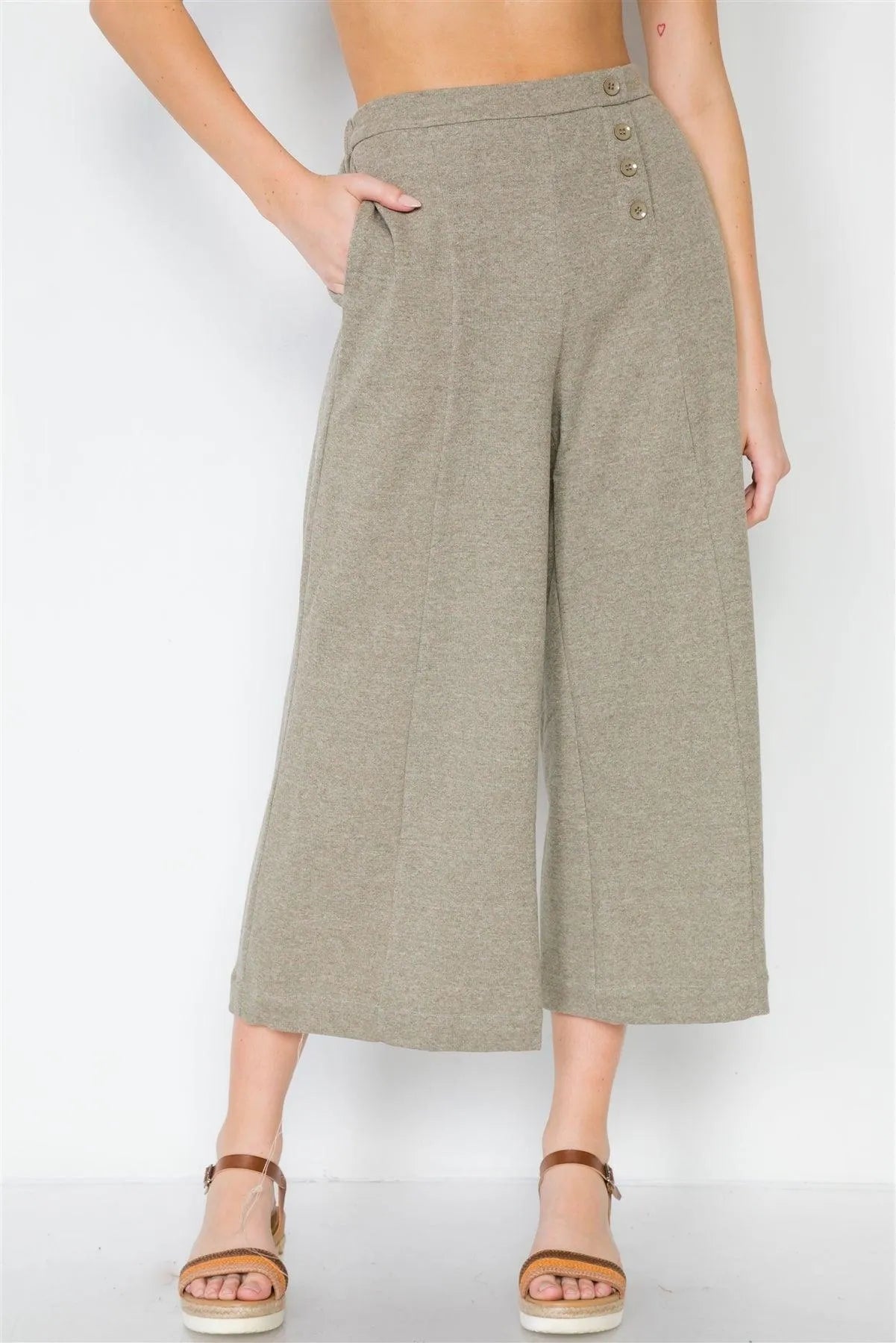 Olive Knit Side Button Wide Leg Ankle Pants /2-2-2 - Tasha Apparel Wholesale