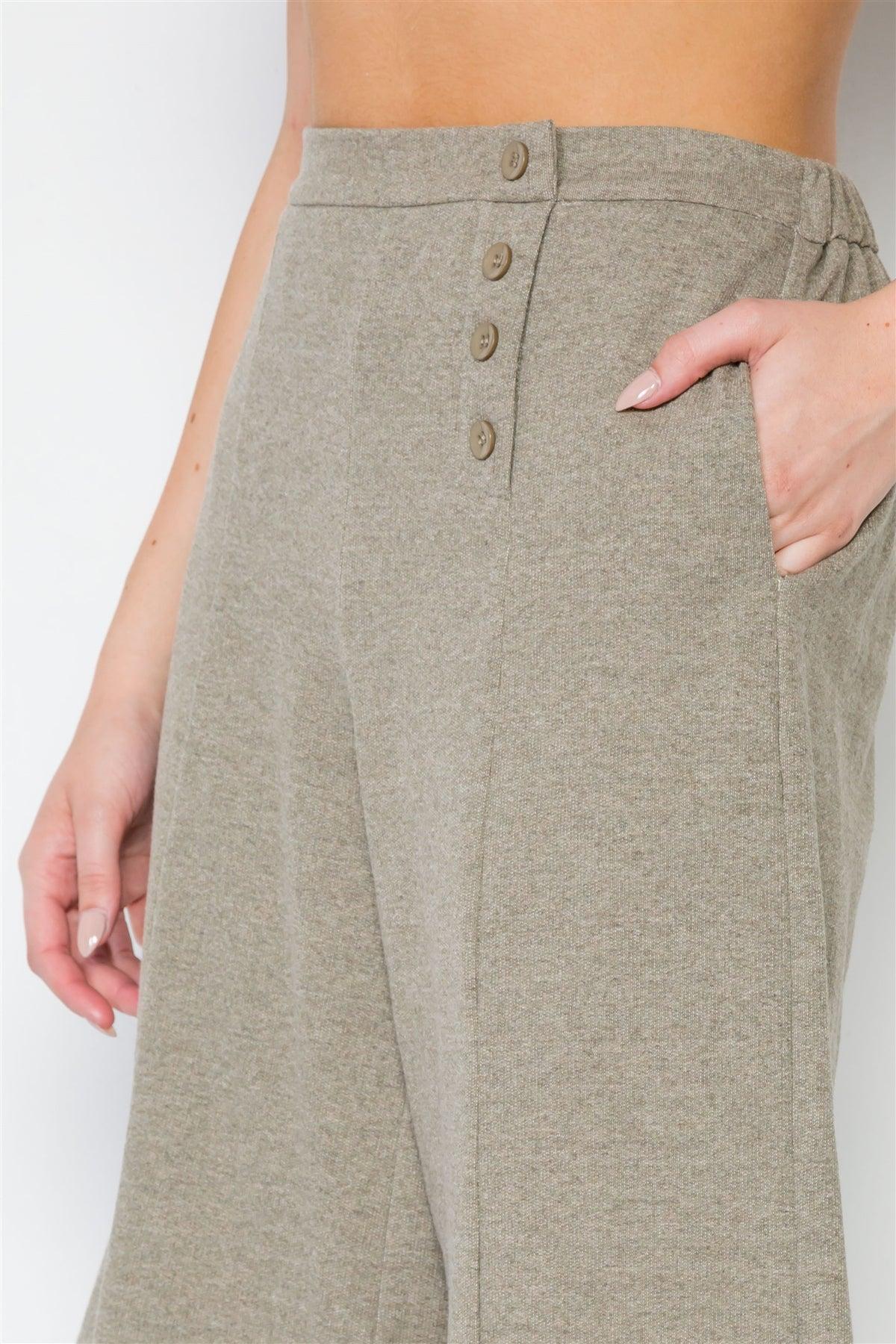 Olive Knit Side Button Wide Leg Ankle Pants /2-2-2