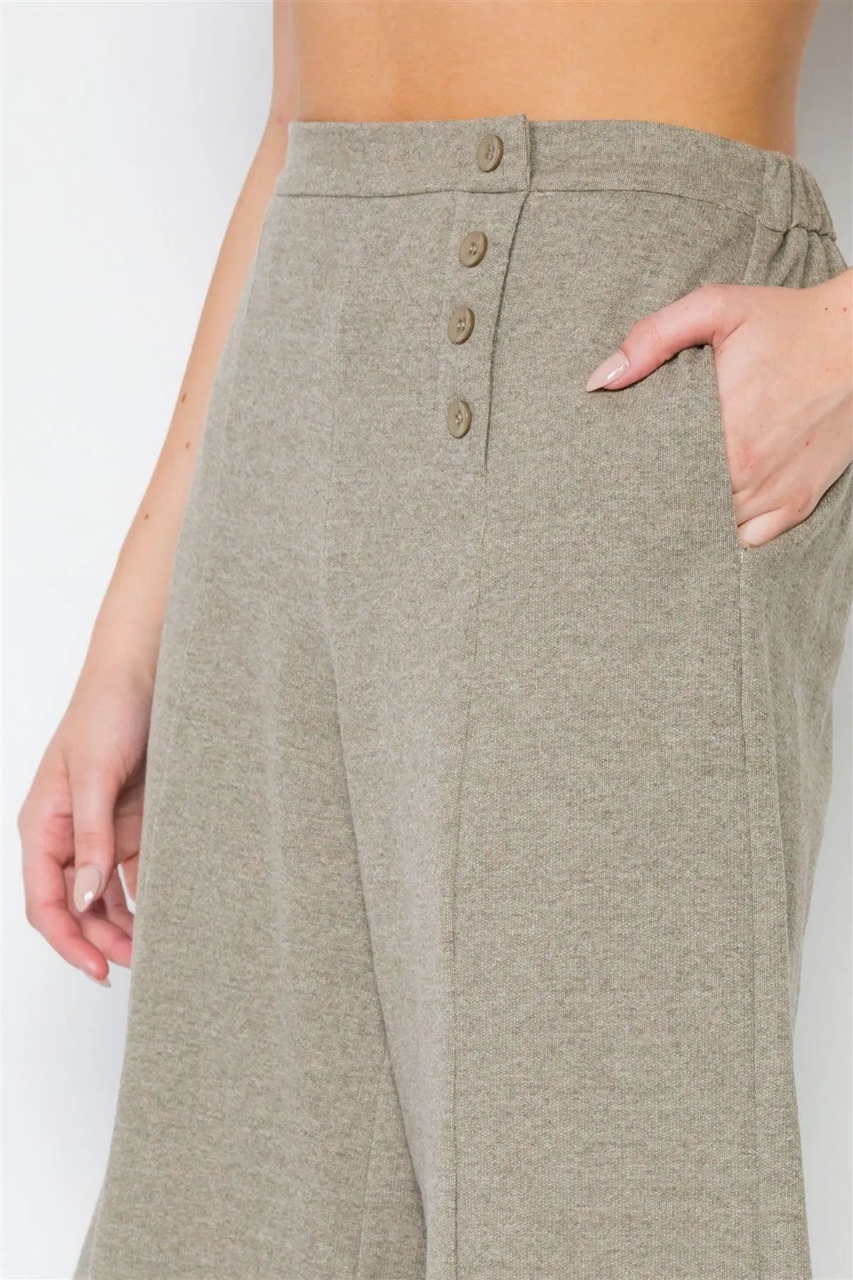 Olive Knit Side Button Wide Leg Ankle Pants /2-2-2 - Tasha Apparel Wholesale