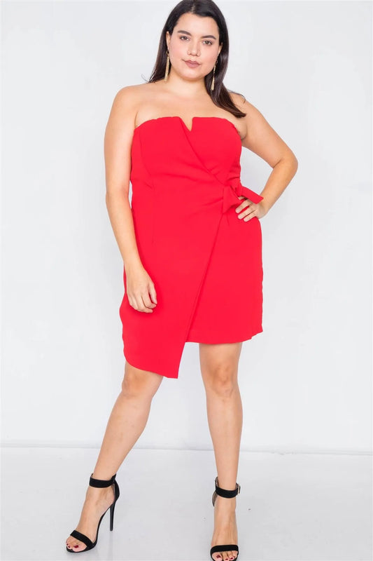 Plus Size Red Sleeveless Mock Wrap Mini Chic Dress - Tasha Apparel Wholesale