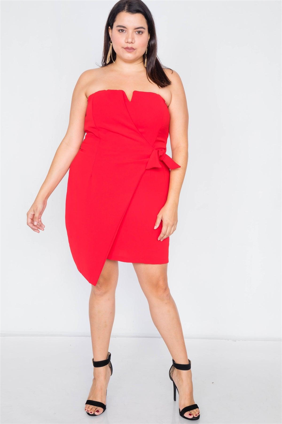 Plus Size Red Sleeveless Mock Wrap Mini Chic Dress