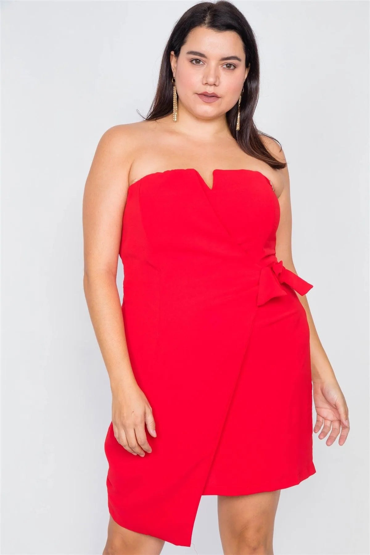 Junior Plus Size Red Sleeveless Mock Wrap Mini Chic Dress /3-2-1 - Tasha Apparel Wholesale