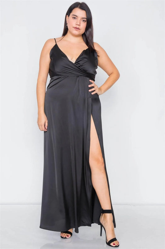 Plus Size Silk Black Pleated Slit Classic Maxi Dress - Tasha Apparel Wholesale