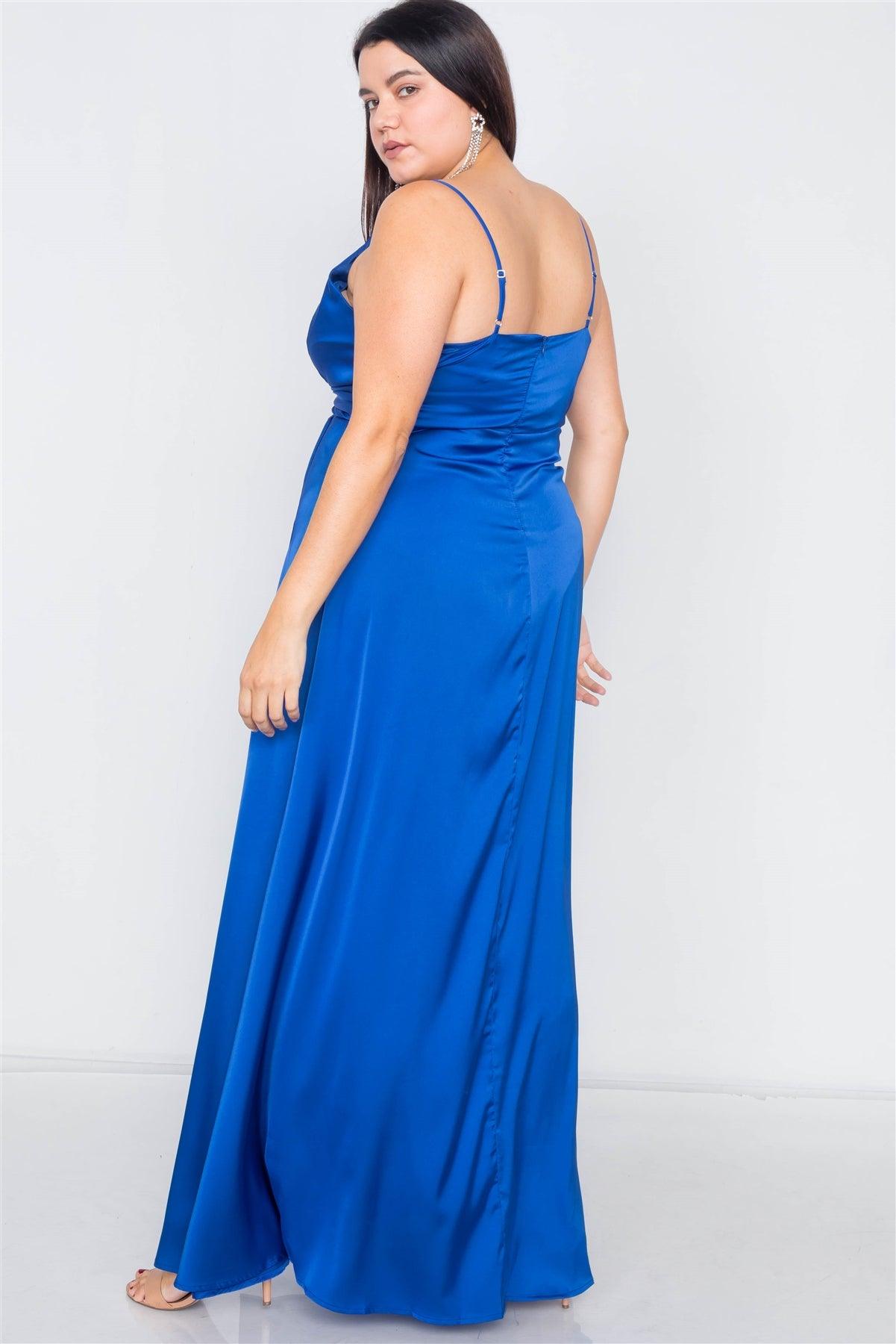 Plus Size Silk Blue Pleated Slit Classic Maxi Dress