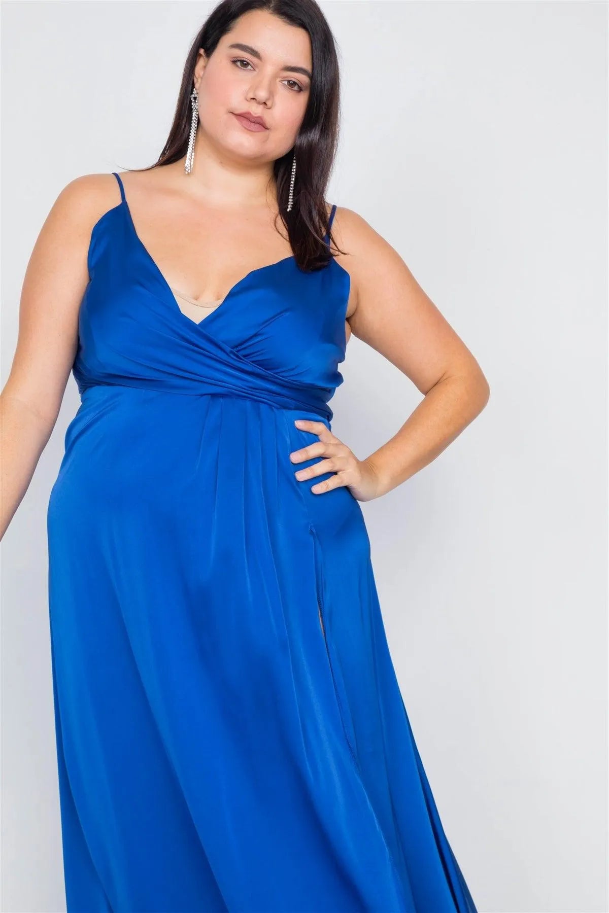 Plus Size Silk Blue Pleated Slit Classic Maxi Dress - Tasha Apparel Wholesale