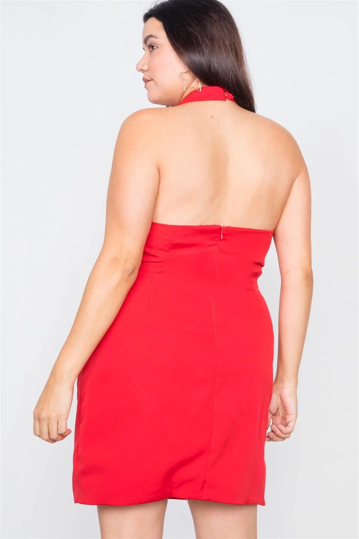 Plus Size Red Halter Buckle Hip Mini Dress - Tasha Apparel Wholesale