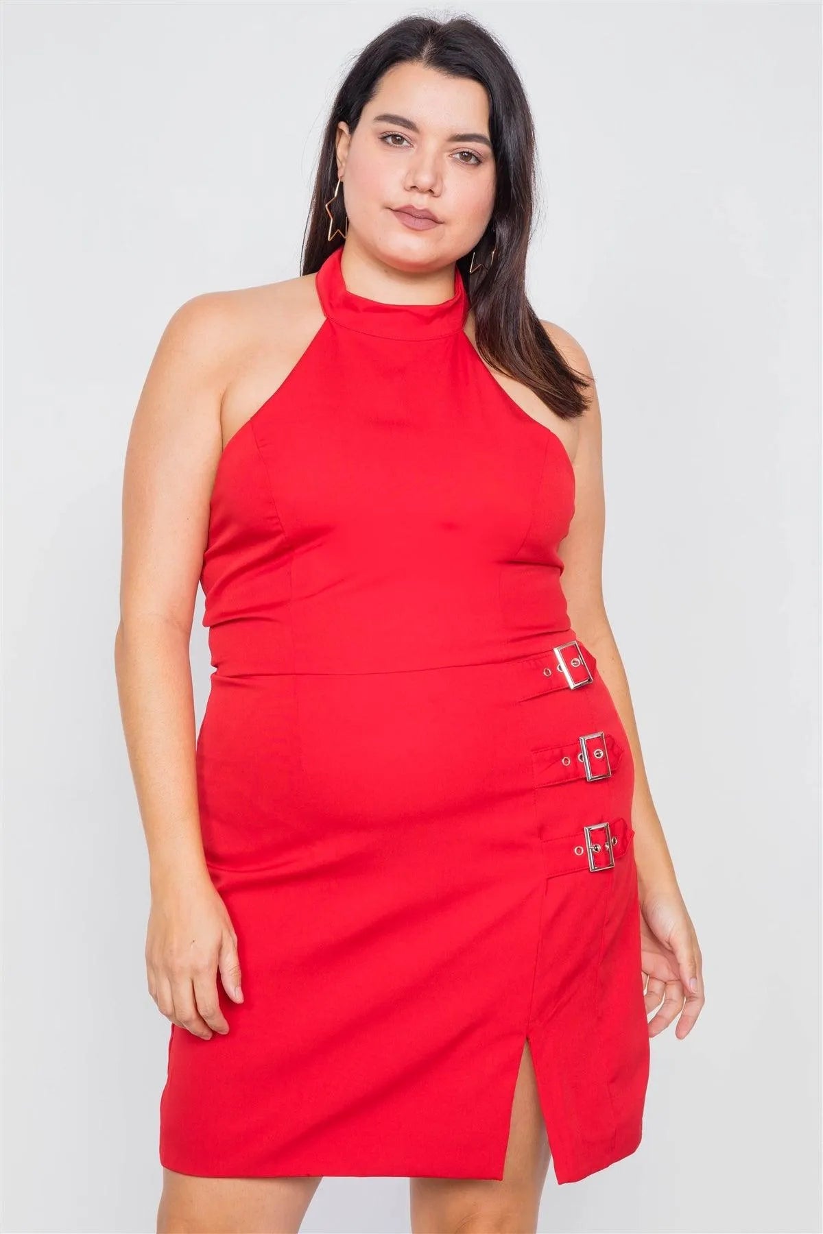 Plus Size Red Halter Buckle Hip Mini Dress - Tasha Apparel Wholesale