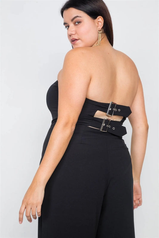 Plus Size Black Buckle Cut-Out Sleeveless Wide Leg Jumpsuit - Tasha Apparel Wholesale