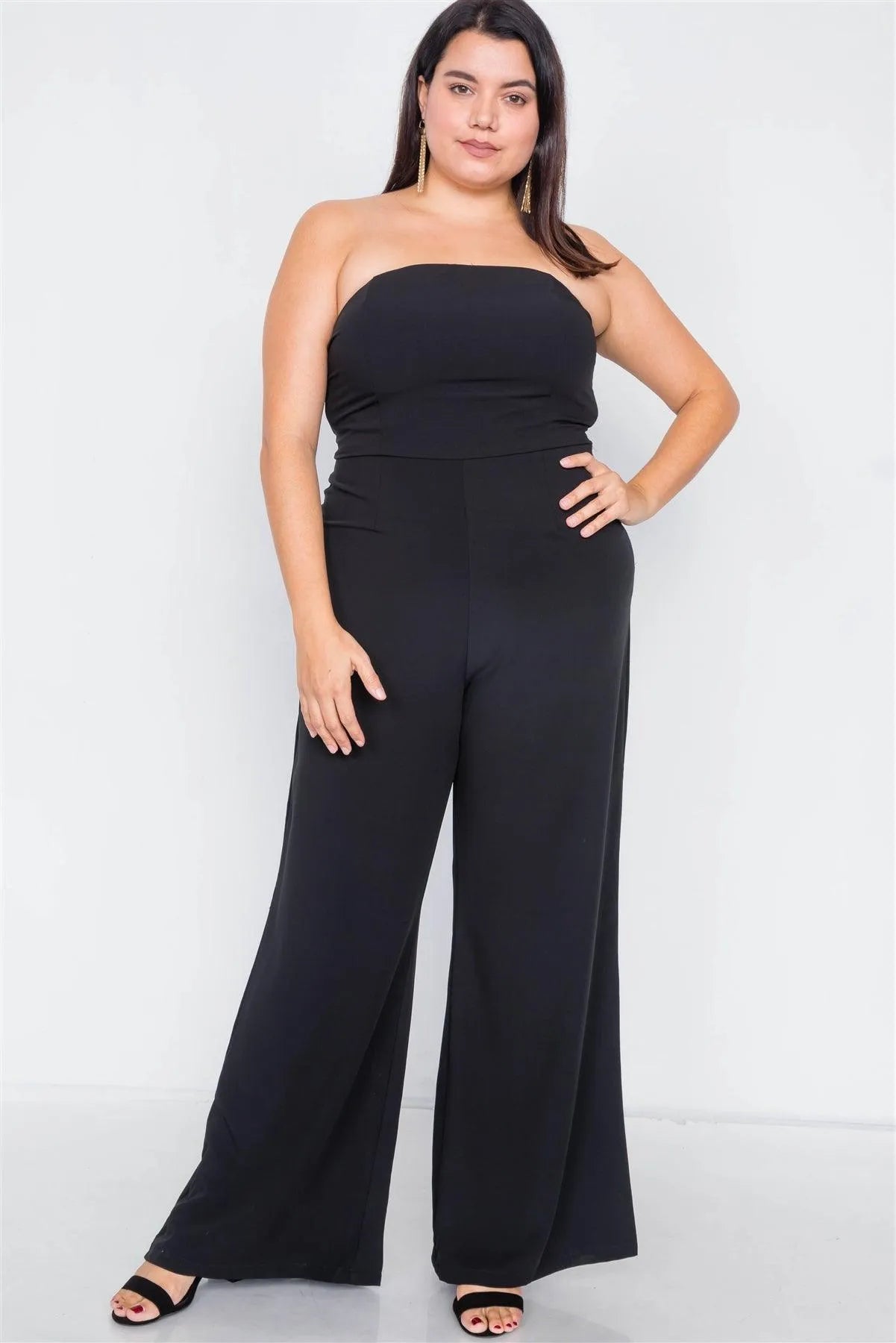 Junior Plus Size Black Buckle Cut-Out Sleeveless Wide Leg Jumpsuit /3-2-1 - Tasha Apparel Wholesale