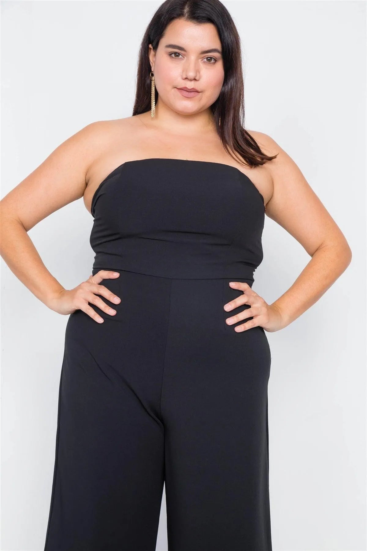 Junior Plus Size Black Buckle Cut-Out Sleeveless Wide Leg Jumpsuit /3-2-1 - Tasha Apparel Wholesale