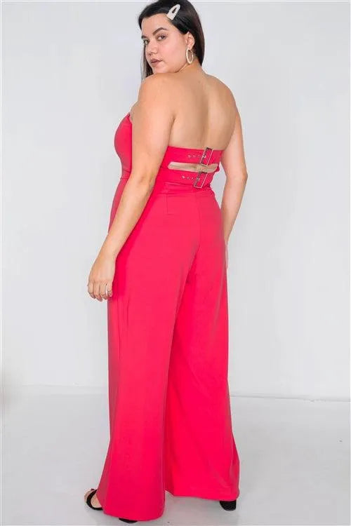 Junior Plus Size Magenta Buckle Cut-Out Sleeveless Wide Leg Jumpsuit /3-2-1 - Tasha Apparel Wholesale