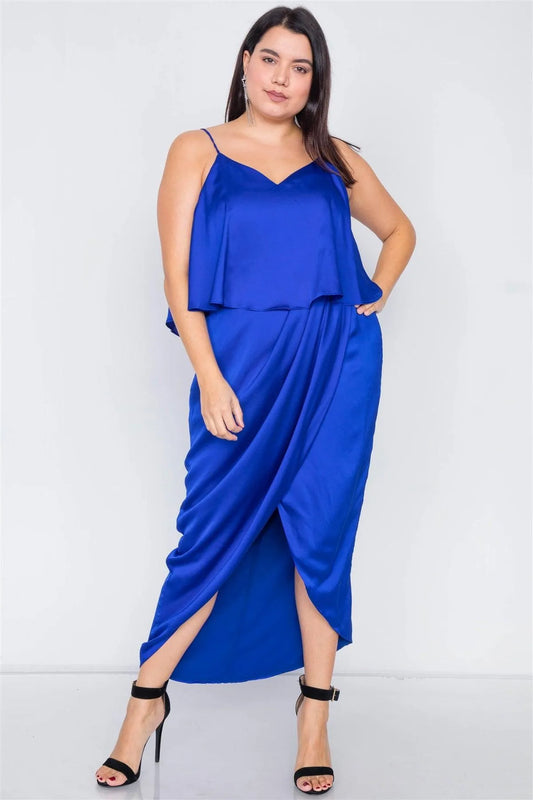 Plus Size Blue Satin Flounce Bandage Midi Dress - Tasha Apparel Wholesale
