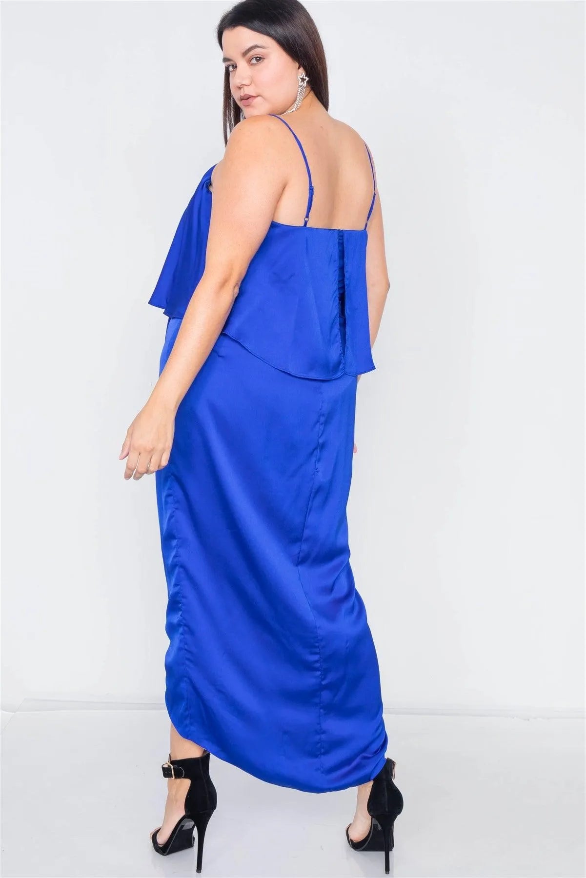 Plus Size Blue Satin Flounce Bandage Midi Dress - Tasha Apparel Wholesale
