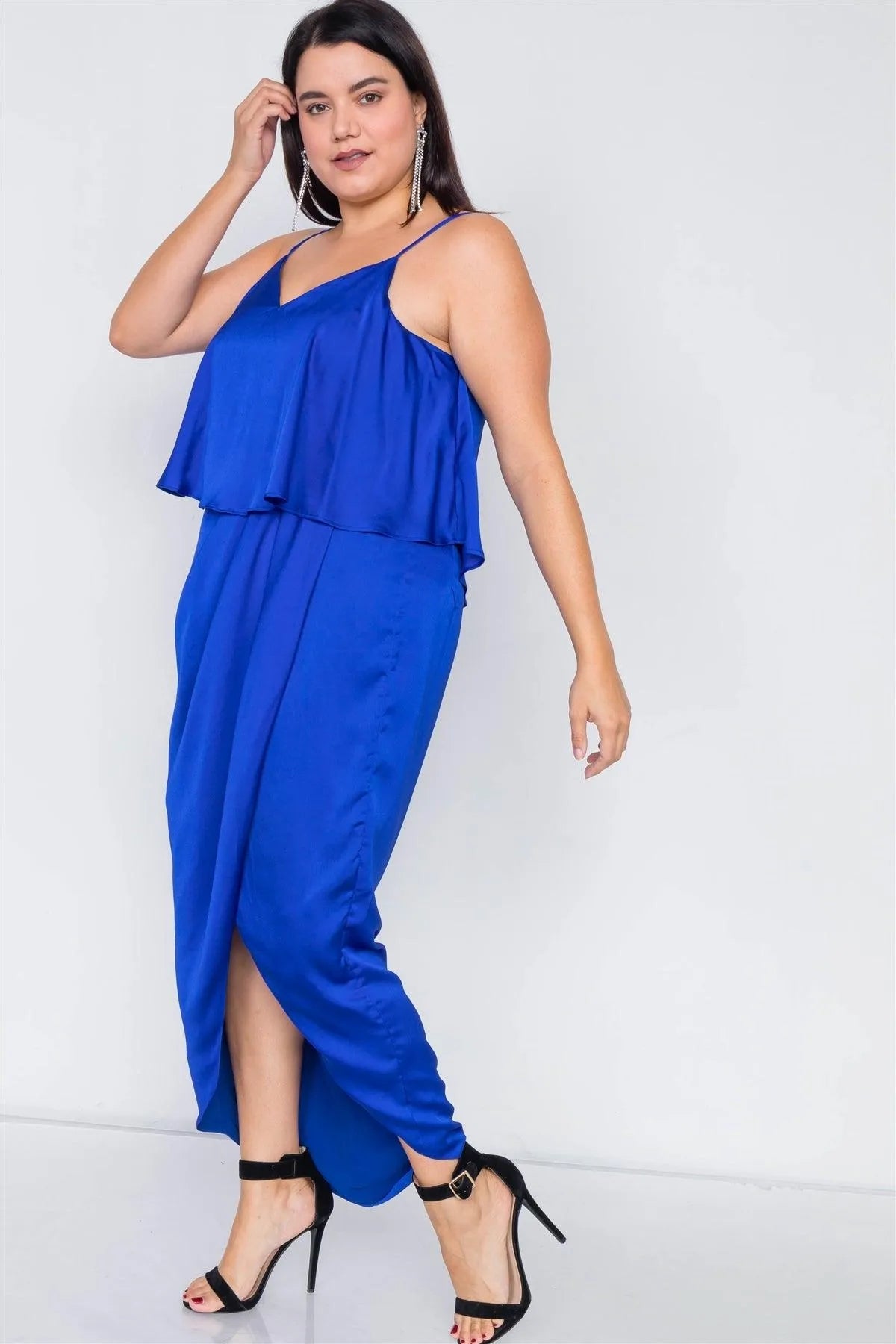 Plus Size Blue Satin Flounce Bandage Midi Dress - Tasha Apparel Wholesale