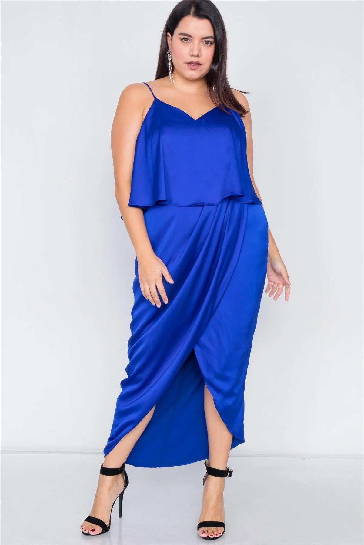 Plus Size Blue Satin Flounce Bandage Midi Dress - Tasha Apparel Wholesale
