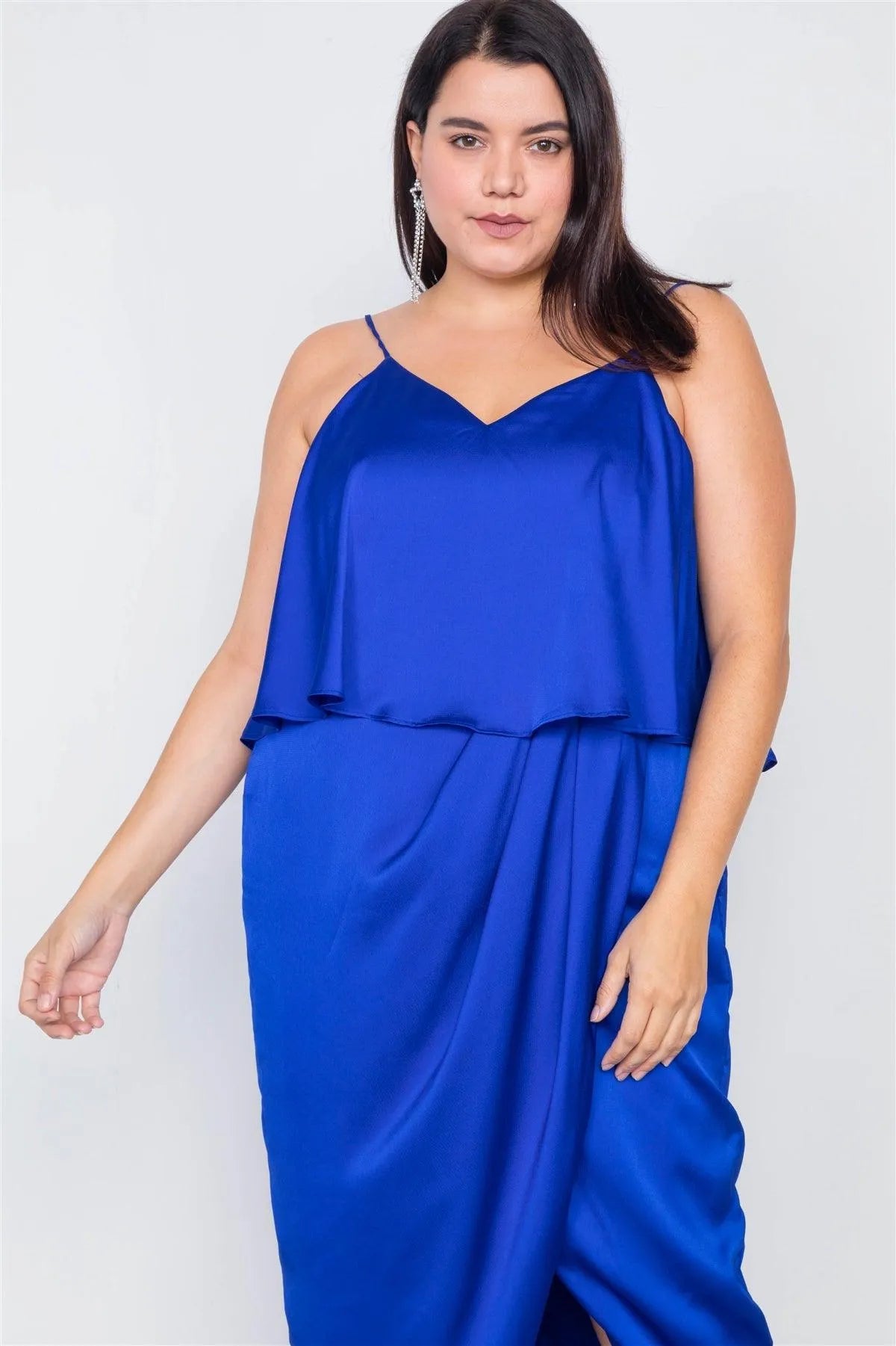 Plus Size Blue Satin Flounce Bandage Midi Dress - Tasha Apparel Wholesale
