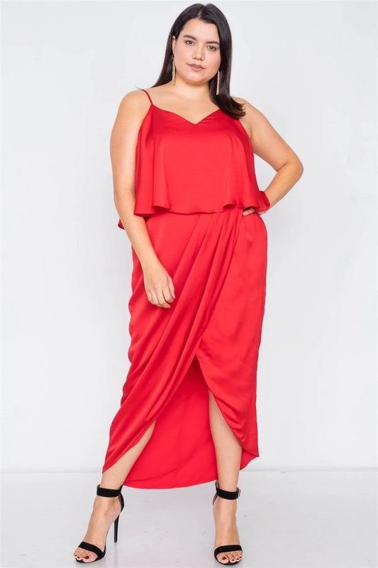 Junior Plus Size Tomato Red Satin Flounce Bandage Midi Dress /3-2-1 - Tasha Apparel Wholesale