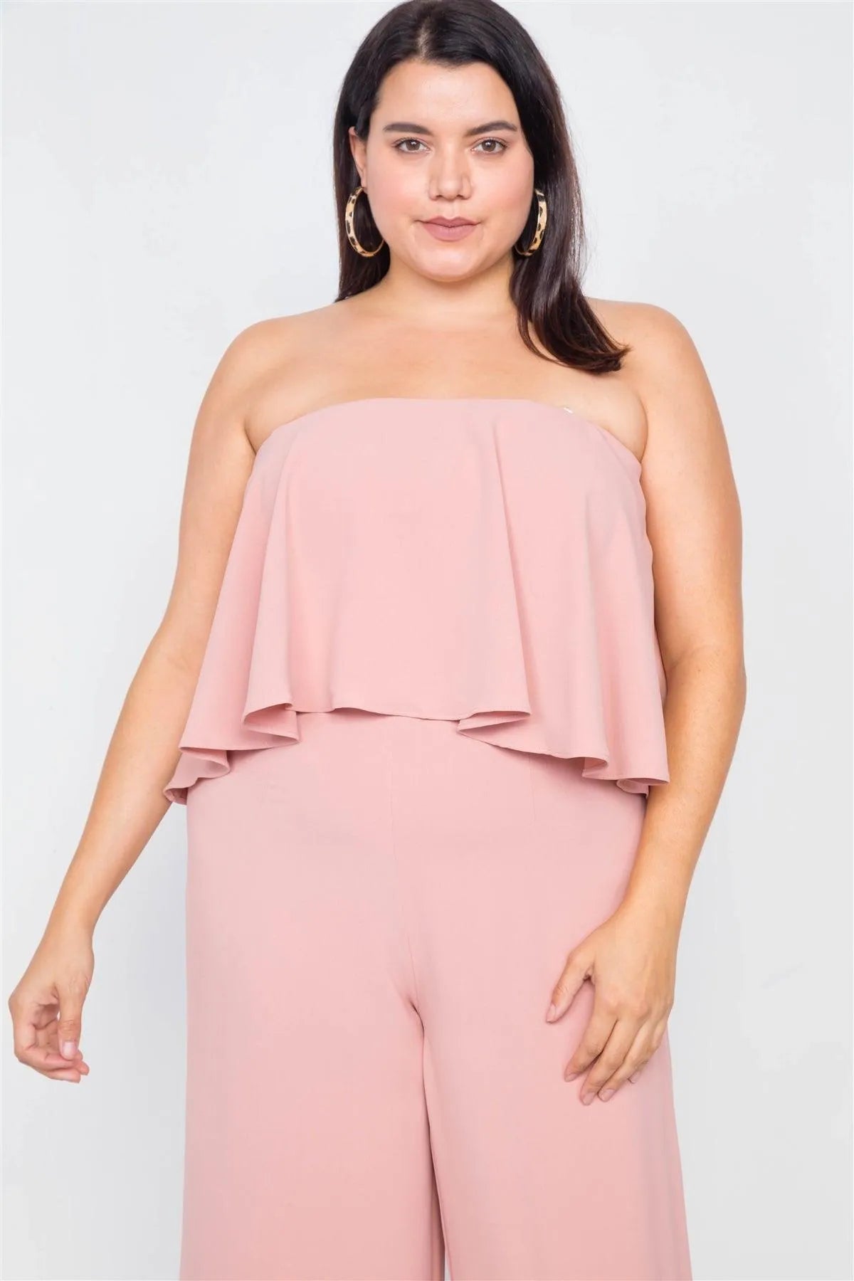 Junior Plus Size Blush Off-The-Shoulder Flounce Wide Leg Jumpsuit /2-2-1 - Tasha Apparel Wholesale
