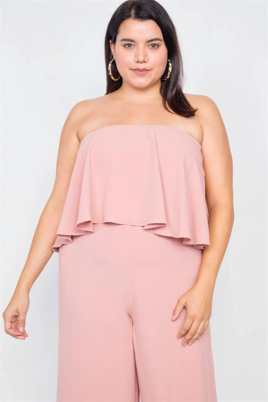 Junior Plus Size Blush Off-The-Shoulder Flounce Wide Leg Jumpsuit /2-2-1 - Tasha Apparel Wholesale