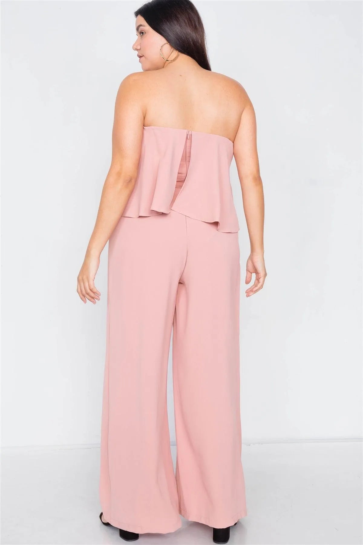 Junior Plus Size Blush Off-The-Shoulder Flounce Wide Leg Jumpsuit /2-2-1 - Tasha Apparel Wholesale