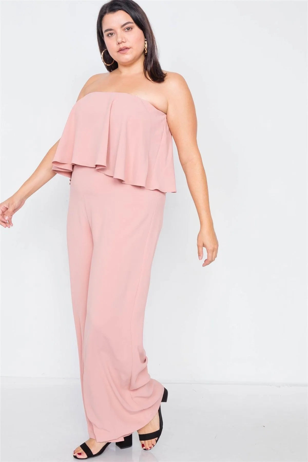 Junior Plus Size Blush Off-The-Shoulder Flounce Wide Leg Jumpsuit /2-2-1 - Tasha Apparel Wholesale