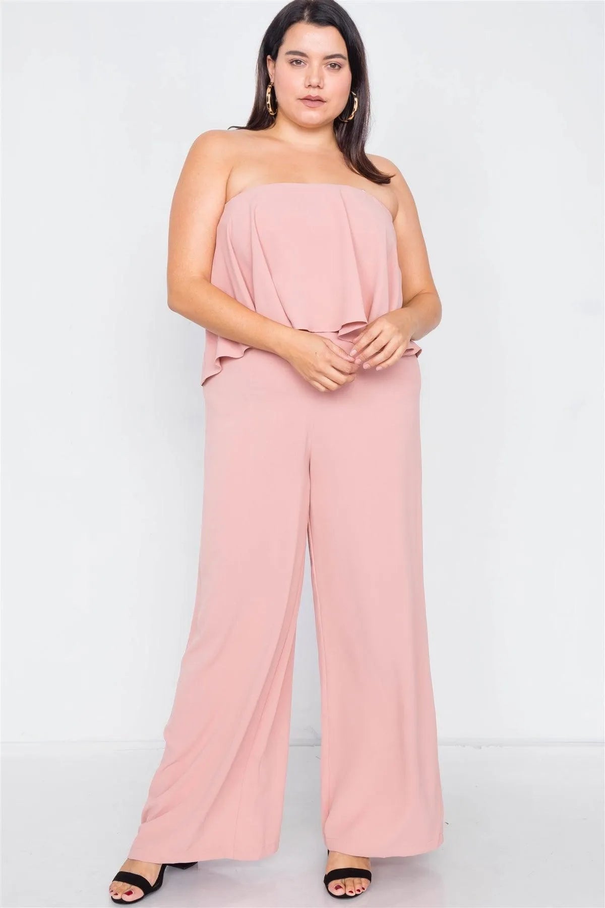 Junior Plus Size Blush Off-The-Shoulder Flounce Wide Leg Jumpsuit /2-2-1 - Tasha Apparel Wholesale
