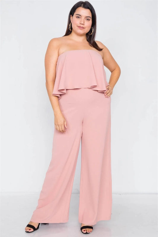 Junior Plus Size Pastel Blush Off-The-Shoulder Flounce Wide Leg Jumpsuit /3-2-1 - Tasha Apparel Wholesale