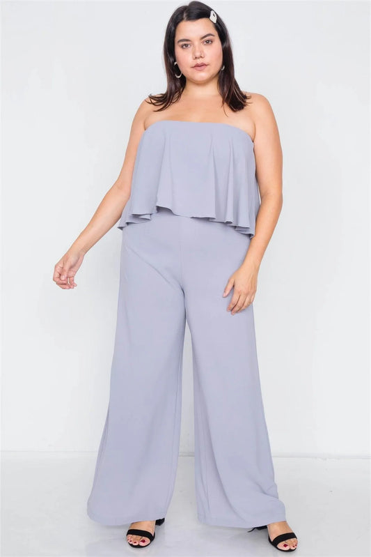 Junior Plus Size Pastel Dove Off-The-Shoulder Flounce Wide Leg Jumpsuit /3-2-1 - Tasha Apparel Wholesale