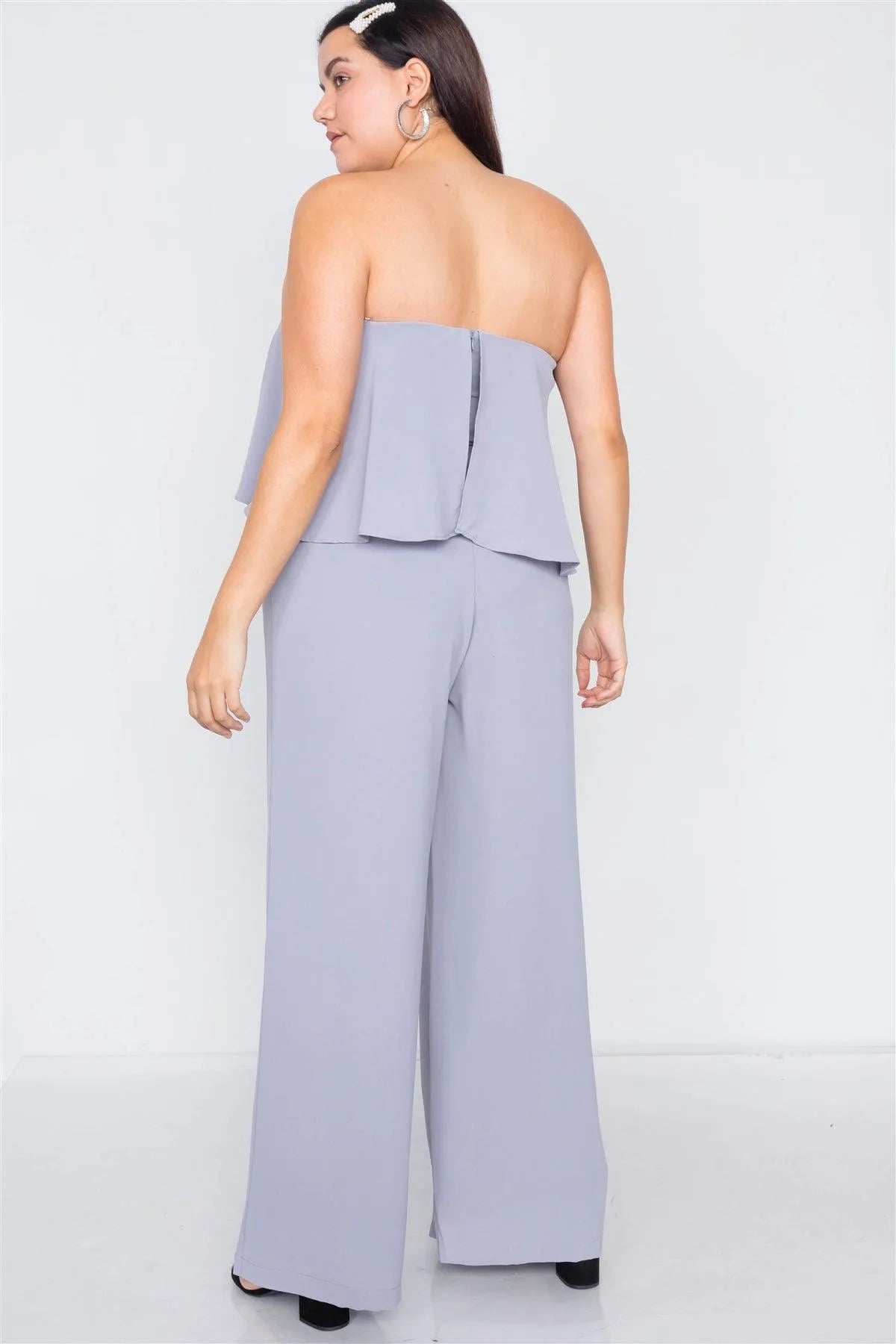 Junior Plus Size Pastel Dove Off-The-Shoulder Flounce Wide Leg Jumpsuit /3-2-1 - Tasha Apparel Wholesale