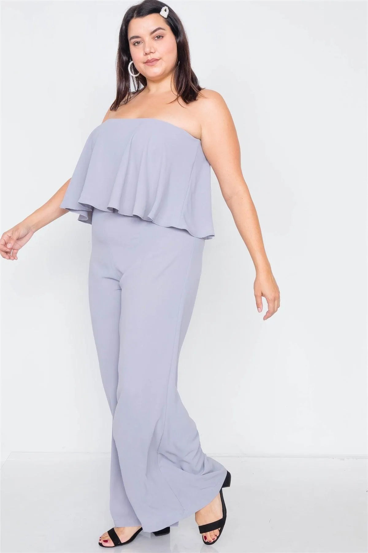 Junior Plus Size Pastel Dove Off-The-Shoulder Flounce Wide Leg Jumpsuit /3-2-1 - Tasha Apparel Wholesale
