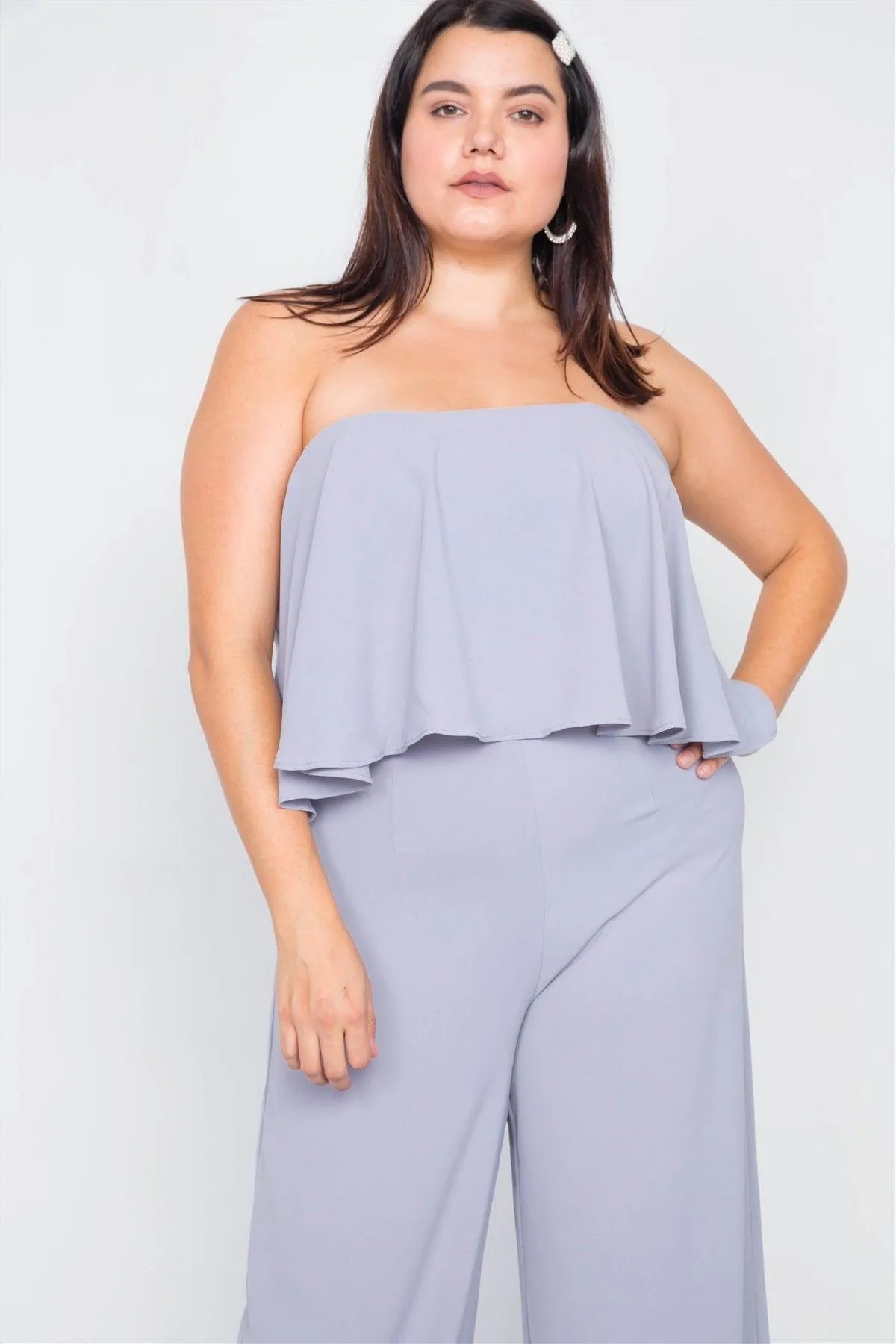 Junior Plus Size Pastel Dove Off-The-Shoulder Flounce Wide Leg Jumpsuit /3-2-1 - Tasha Apparel Wholesale