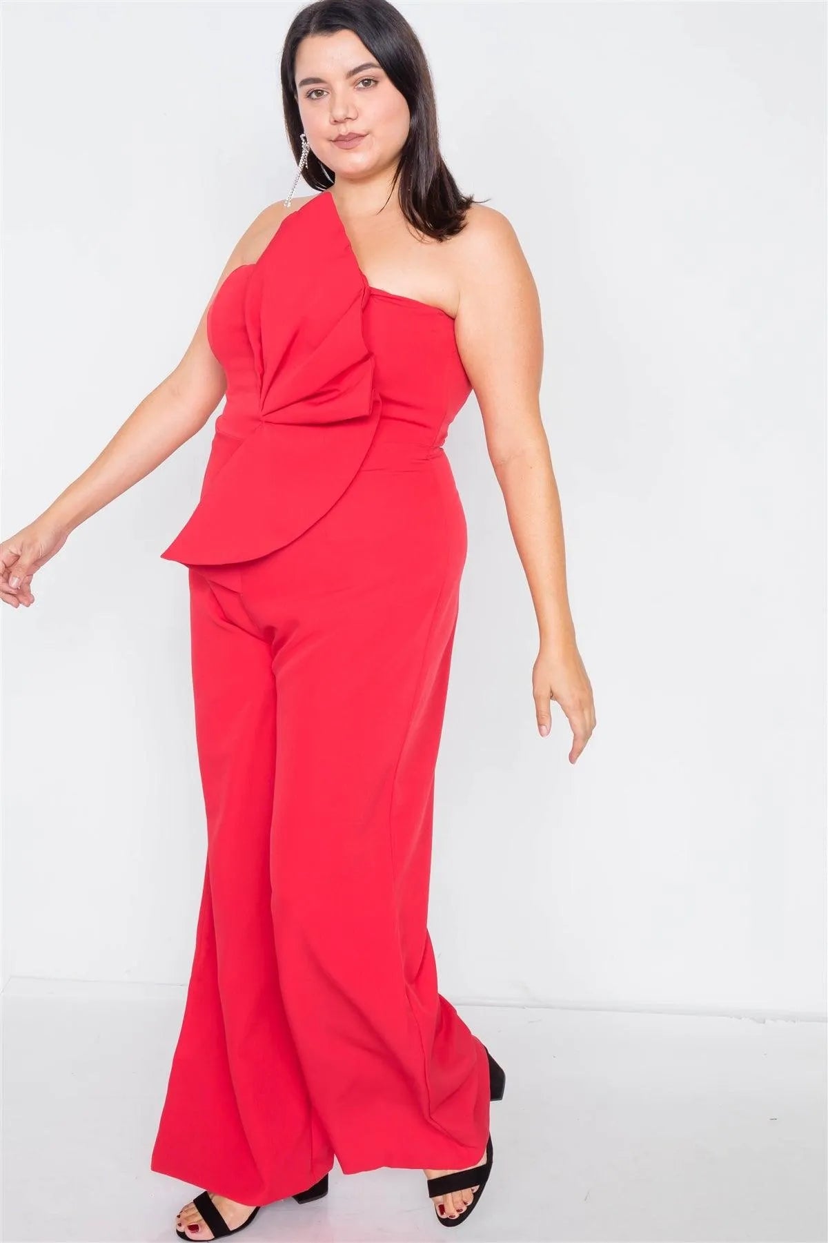 Junior Plus Size Red Tailored Frill Wide Leg Sleeveless Cocktail Jumpsuit /3-2-1 - Tasha Apparel Wholesale