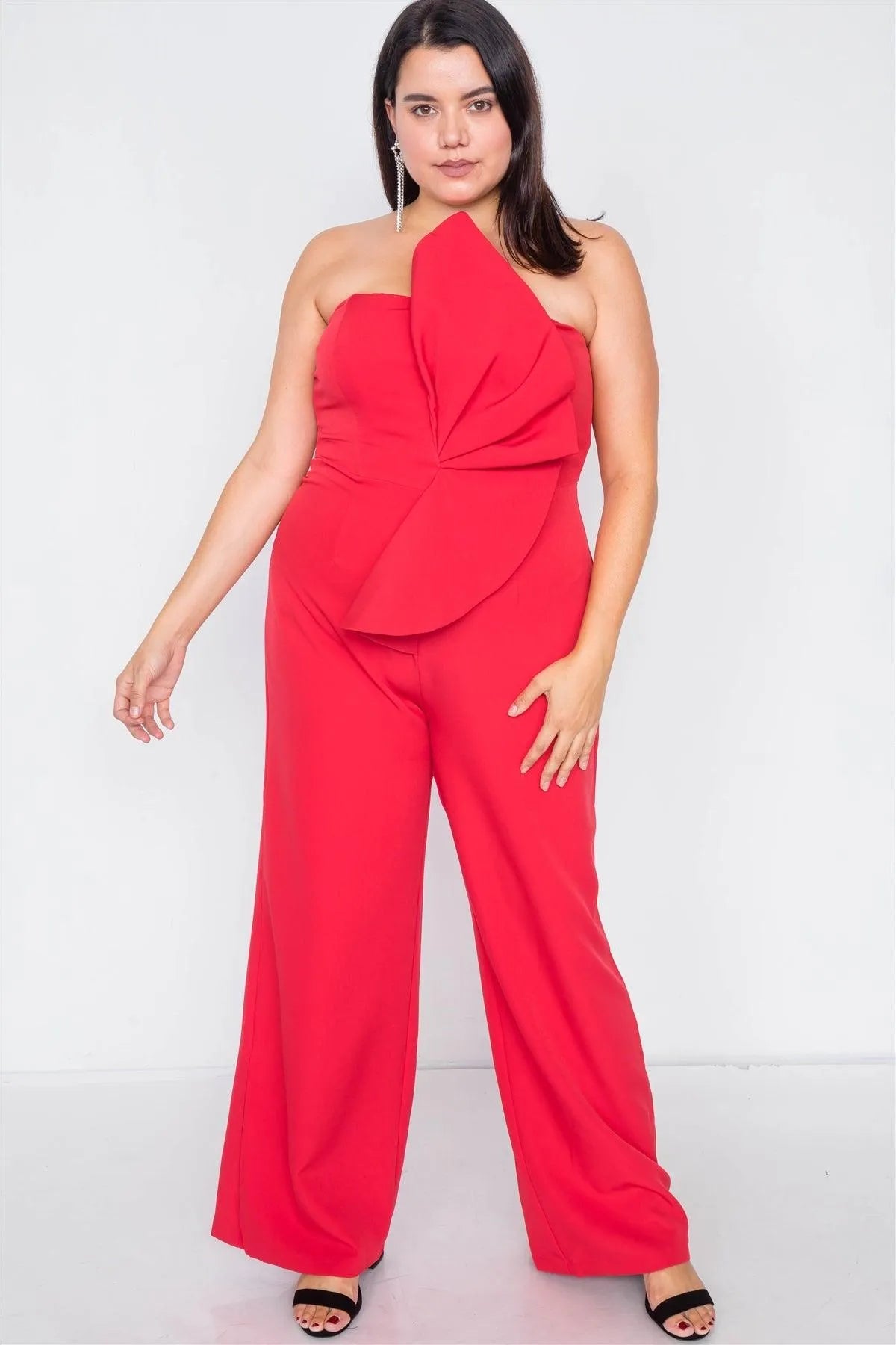 Junior Plus Size Red Tailored Frill Wide Leg Sleeveless Cocktail Jumpsuit /3-2-1 - Tasha Apparel Wholesale