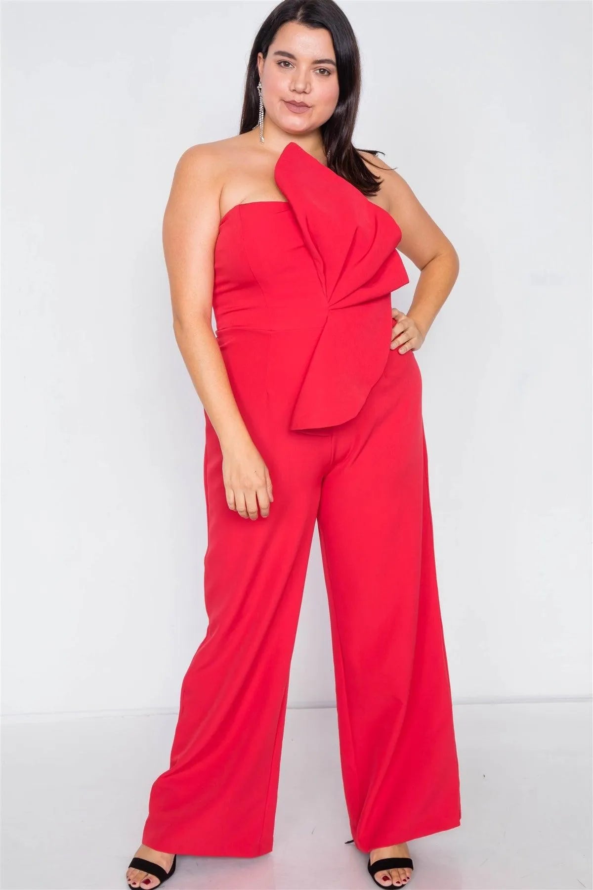 Junior Plus Size Red Tailored Frill Wide Leg Sleeveless Cocktail Jumpsuit /3-2-1 - Tasha Apparel Wholesale