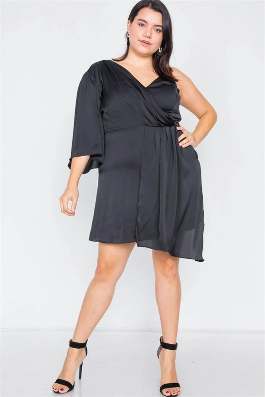 Junior Plus Size Black Silk One Shoulder Mini Dress /3-2-1 - Tasha Apparel Wholesale