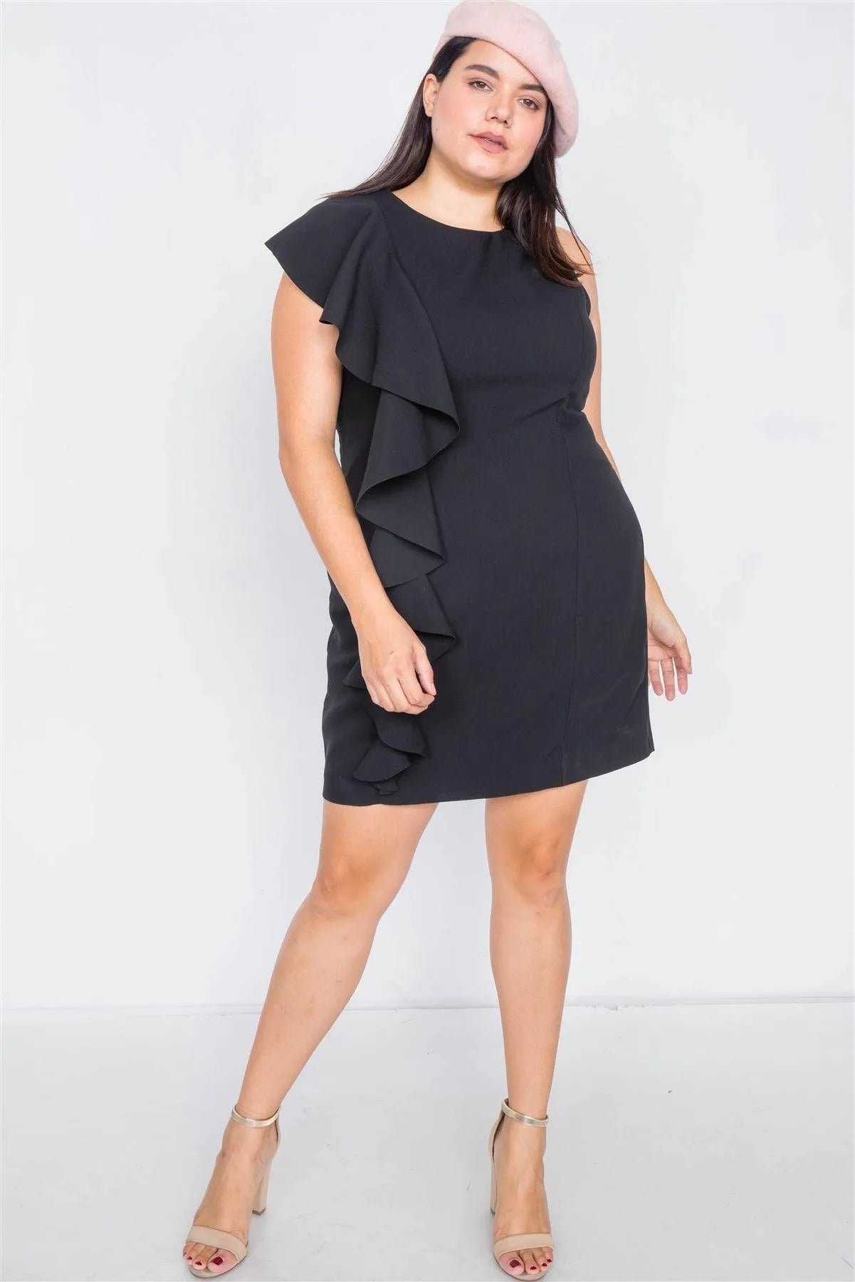 Plus Size Black Trim Frill Sleeve Mini Dress /3-2-1 - Tasha Apparel Wholesale