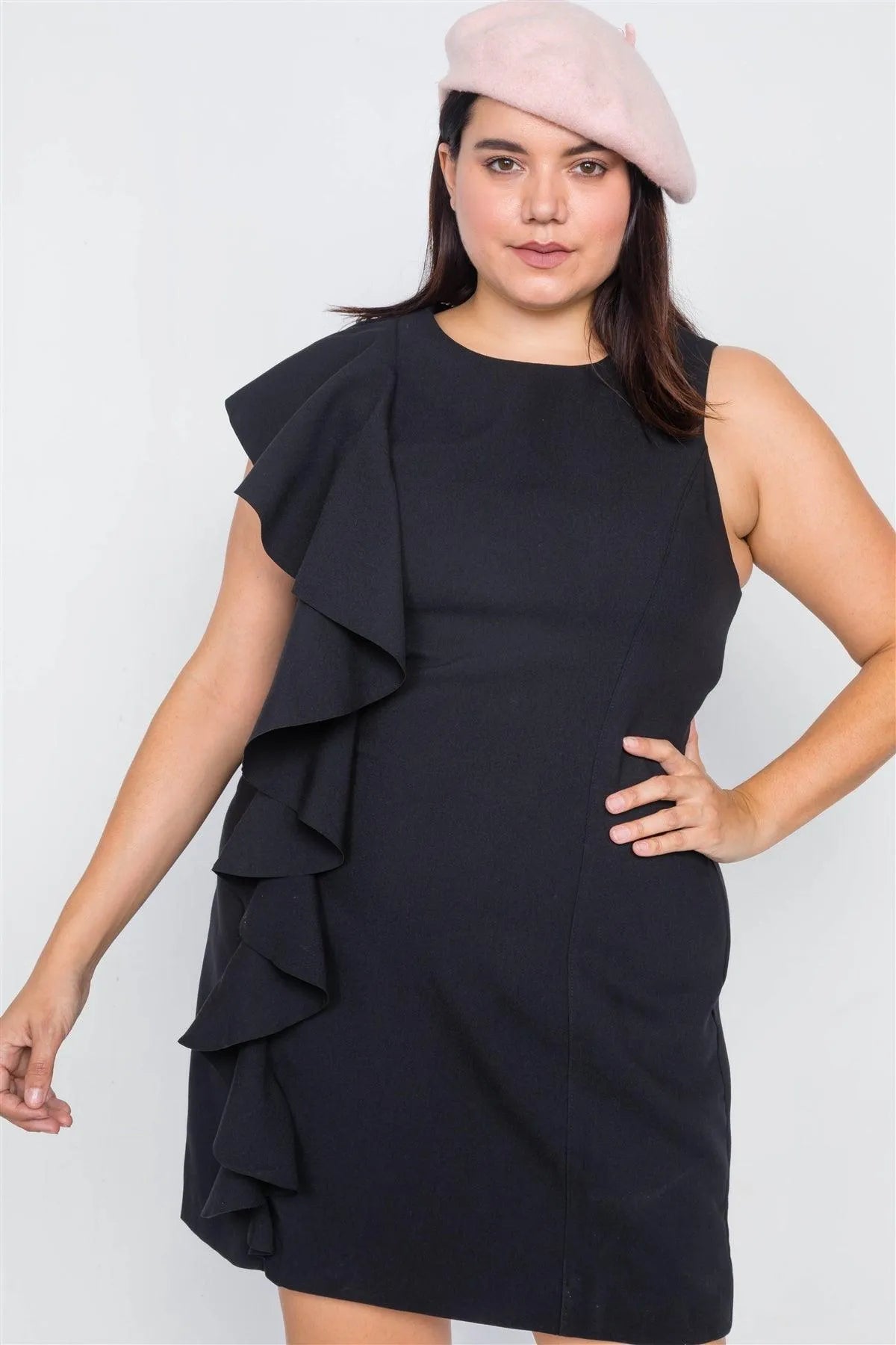 Plus Size Black Trim Frill Sleeve Mini Dress /3-2-1 - Tasha Apparel Wholesale