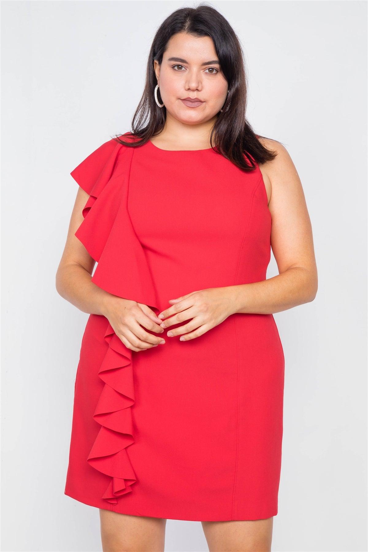 Junior Plus Size Flame Red Trim Frill Sleeve Mini Dress /3-2