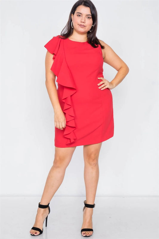 Junior Plus Size Flame Red Trim Frill Sleeve Mini Dress /3-2-1 - Tasha Apparel Wholesale